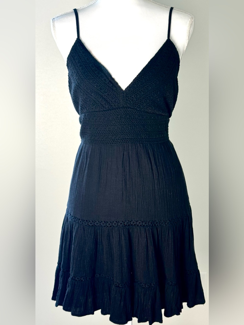 American Eagle Black Crochet Tiered Mini Dress Size Large